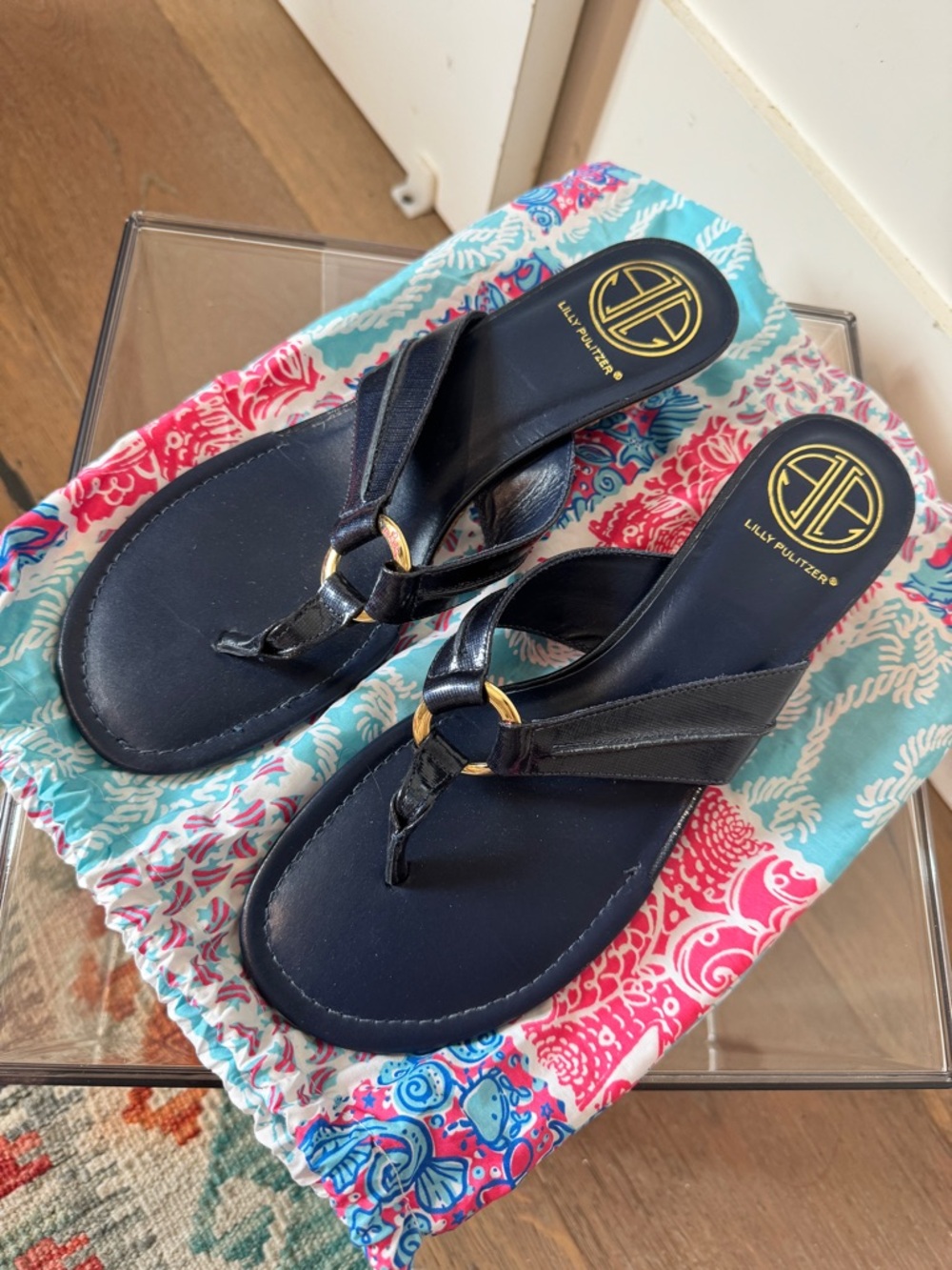 Lilly Pulitzer Navy Leather Thong Sandals with Gold Rings